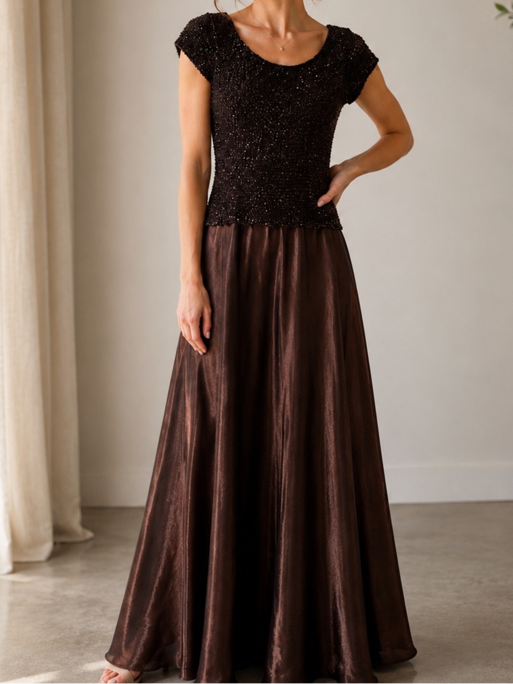 VTG JS Collection Brown Maxi Dress Satin Layered Evening Gown Sz 4 Whimsy Goth